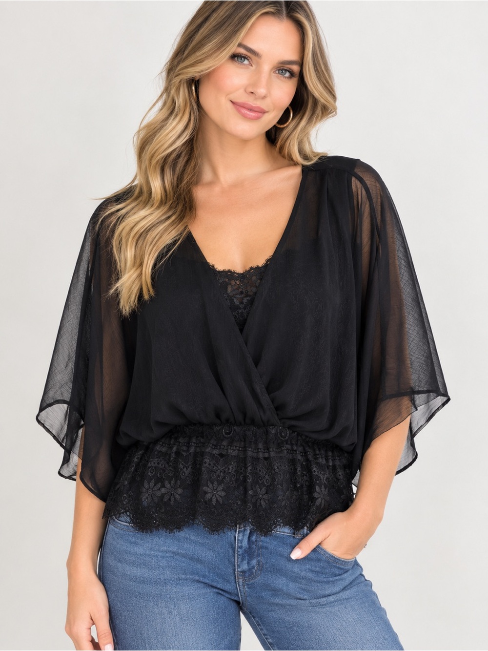 Beyond Vintage Black Lace-Trim Surplice Blouse - Women's large